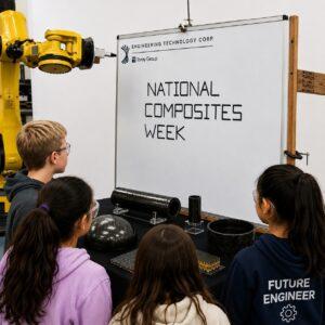 Students explore carbon fiber composite parts and robotic manufacturing technology at Engineering Technology Corporation during National Composites Week 2026.